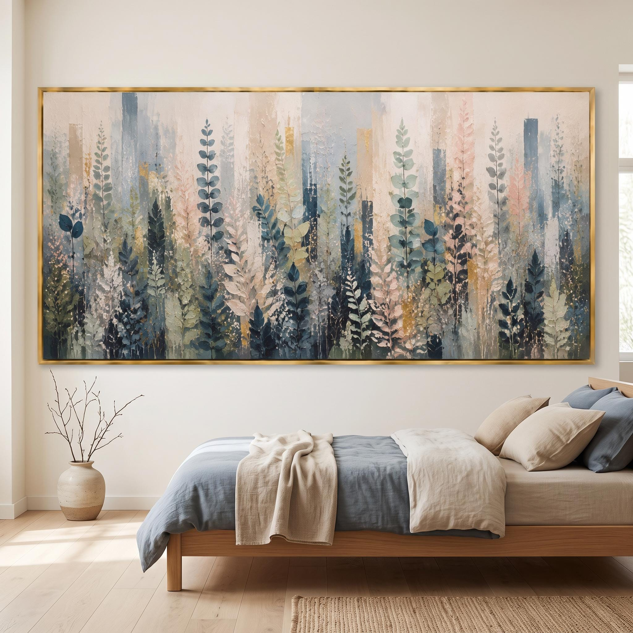 Abstract Botanical Garden Oil Painting – Neutral Green and Blush Framed Wall Art