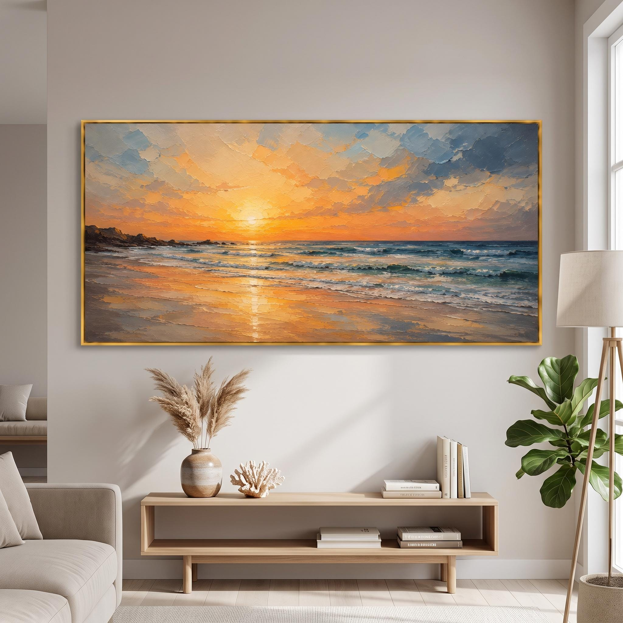 Sunset Beach Oil Painting – Golden Ocean Seascape Framed Wall Art