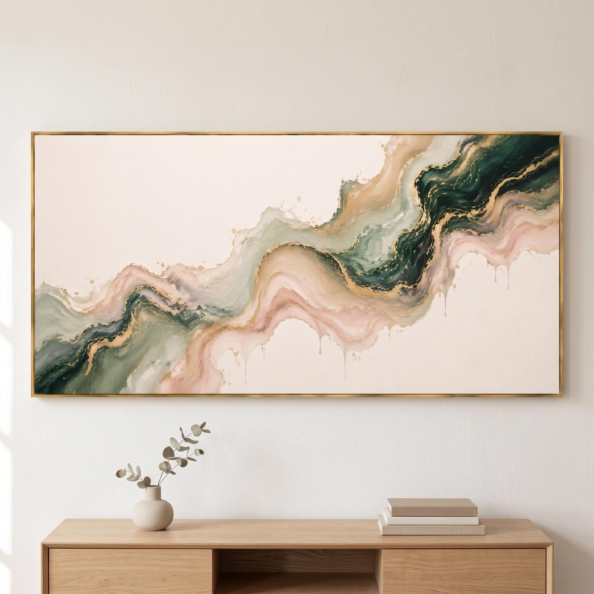 Emerald Green and Blush Abstract Oil Painting – Gold Accent Framed Wall Art