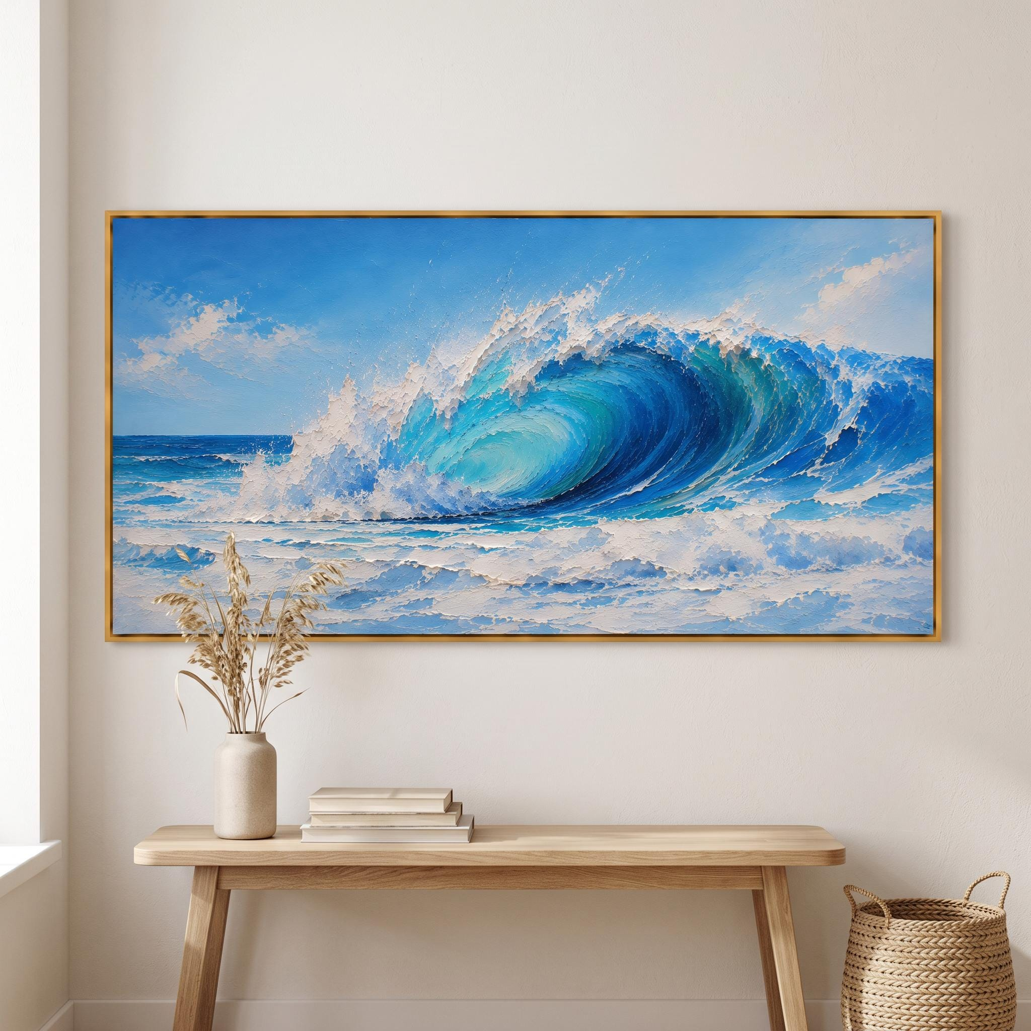 Ocean Wave Oil Painting – Blue Seascape Textured Framed Wall Art