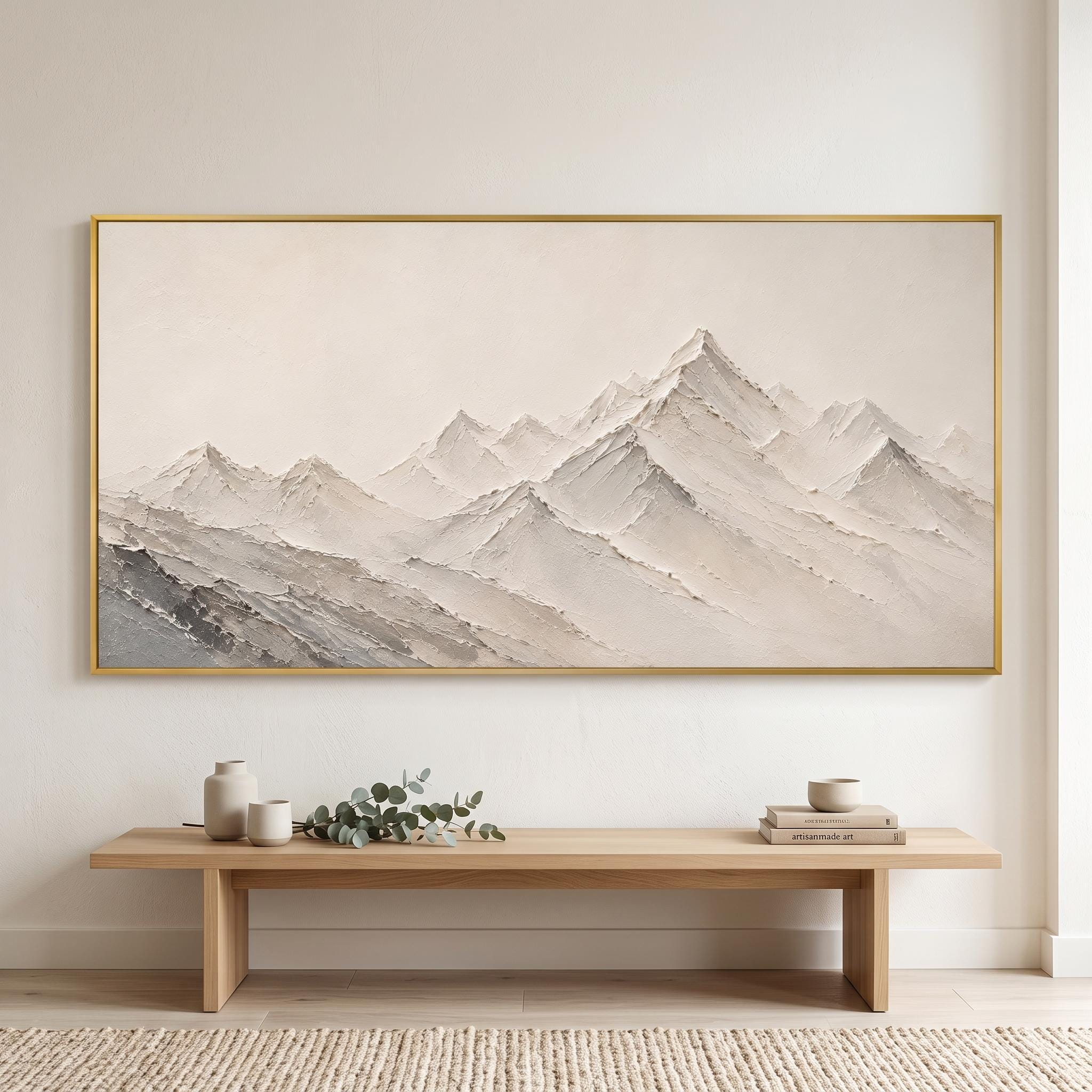 Minimalist Textured Mountain Oil Painting – Neutral White and Grey Framed Wall Art
