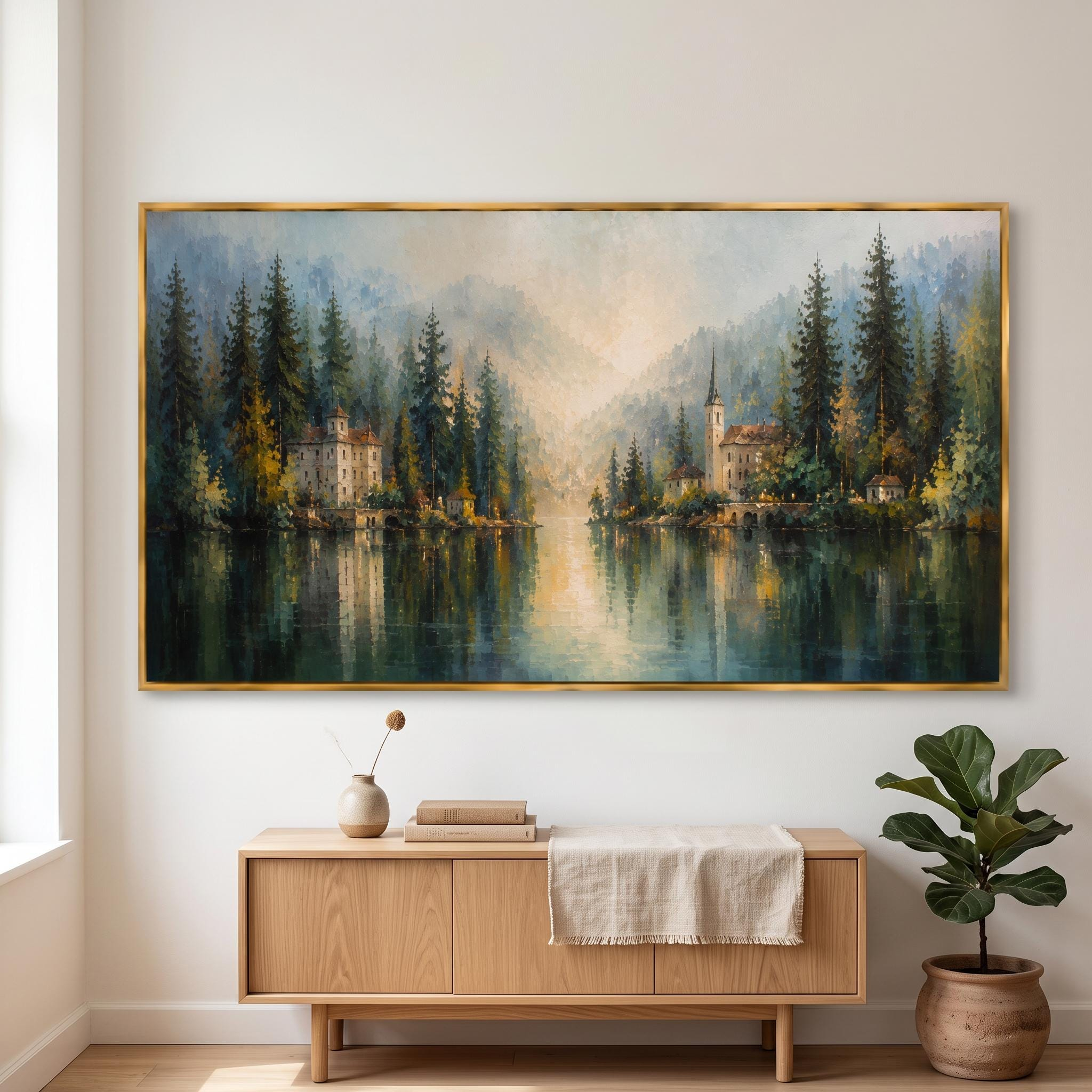 Misty Lakeside Village Oil Painting – Forest Mountain Landscape Framed Wall Art