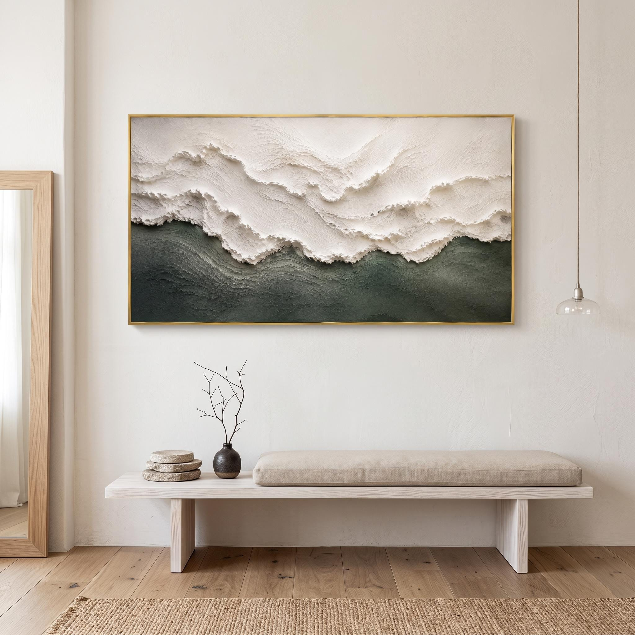Textured Abstract Ocean Waves Oil Painting – White and Deep Green Framed Wall Art