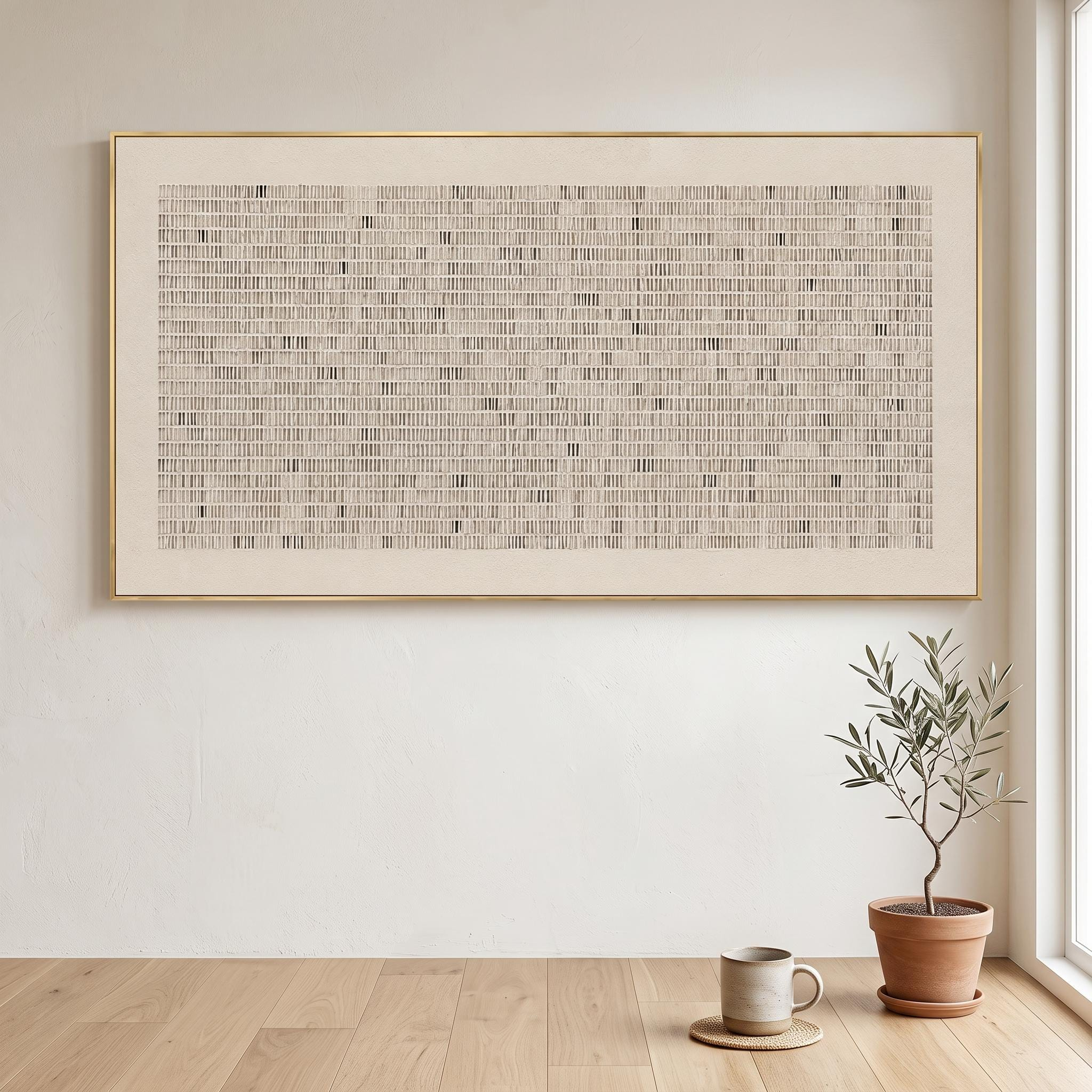 Minimalist Linear Grid Abstract Oil Painting – Neutral Framed Wall Art