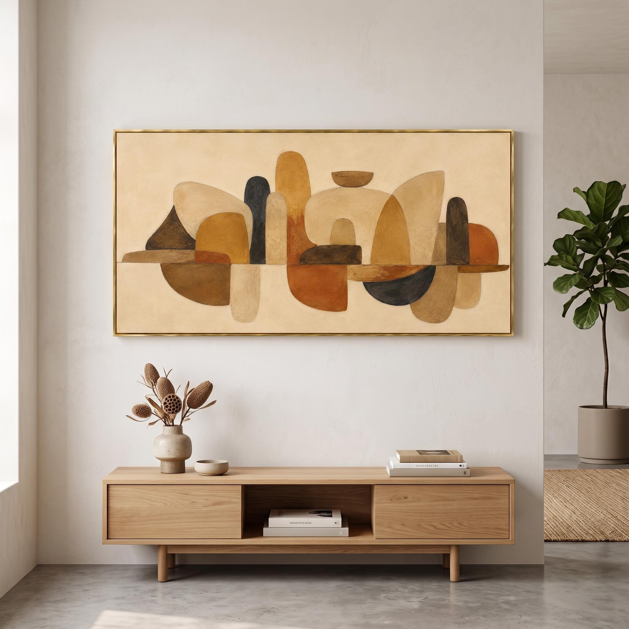 Mid-Century Geometric Abstract Oil Painting – Neutral Earth-Tone Framed Wall Art