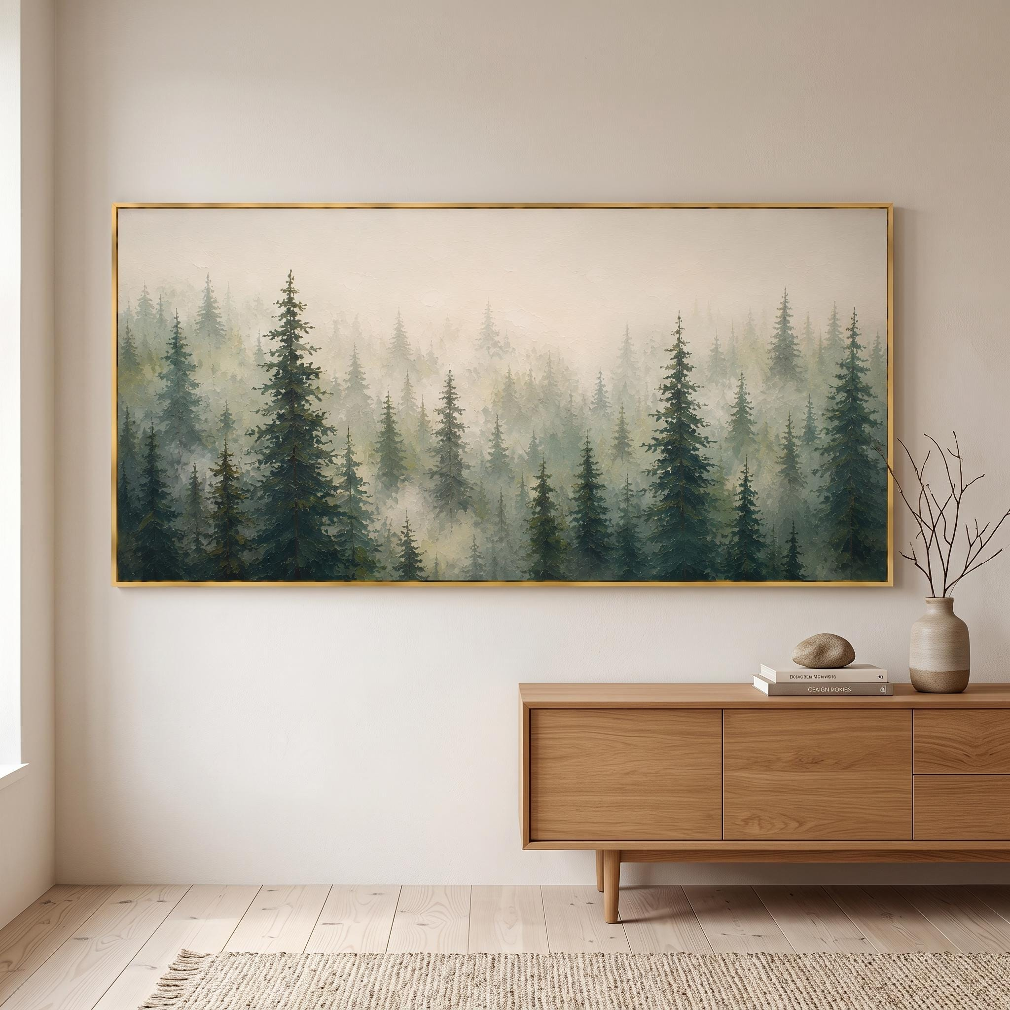Misty Pine Forest Oil Painting – Green Woodland Landscape Framed Wall Art