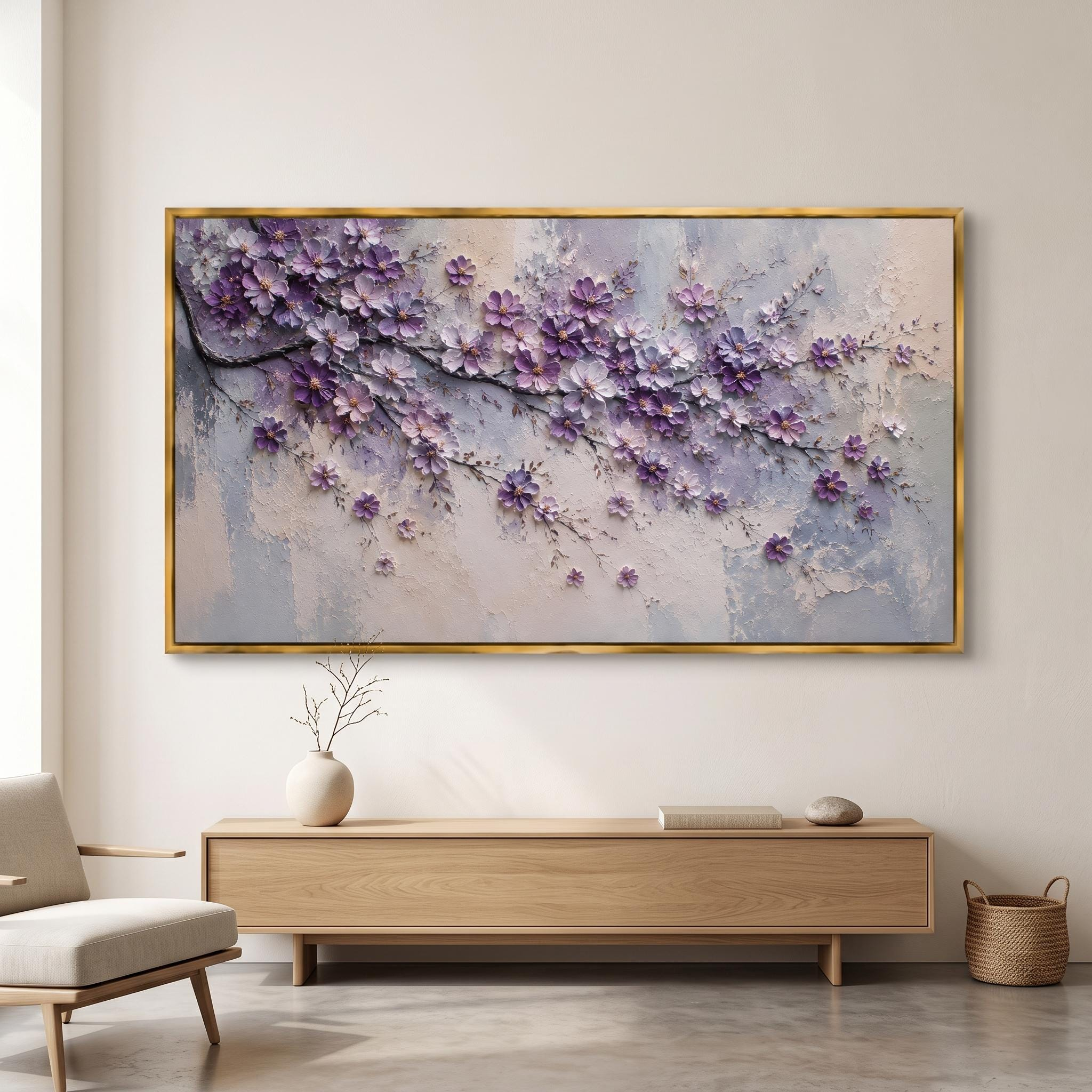 Textured Purple Blossom Branch Oil Painting – Lavender Floral Framed Wall Art