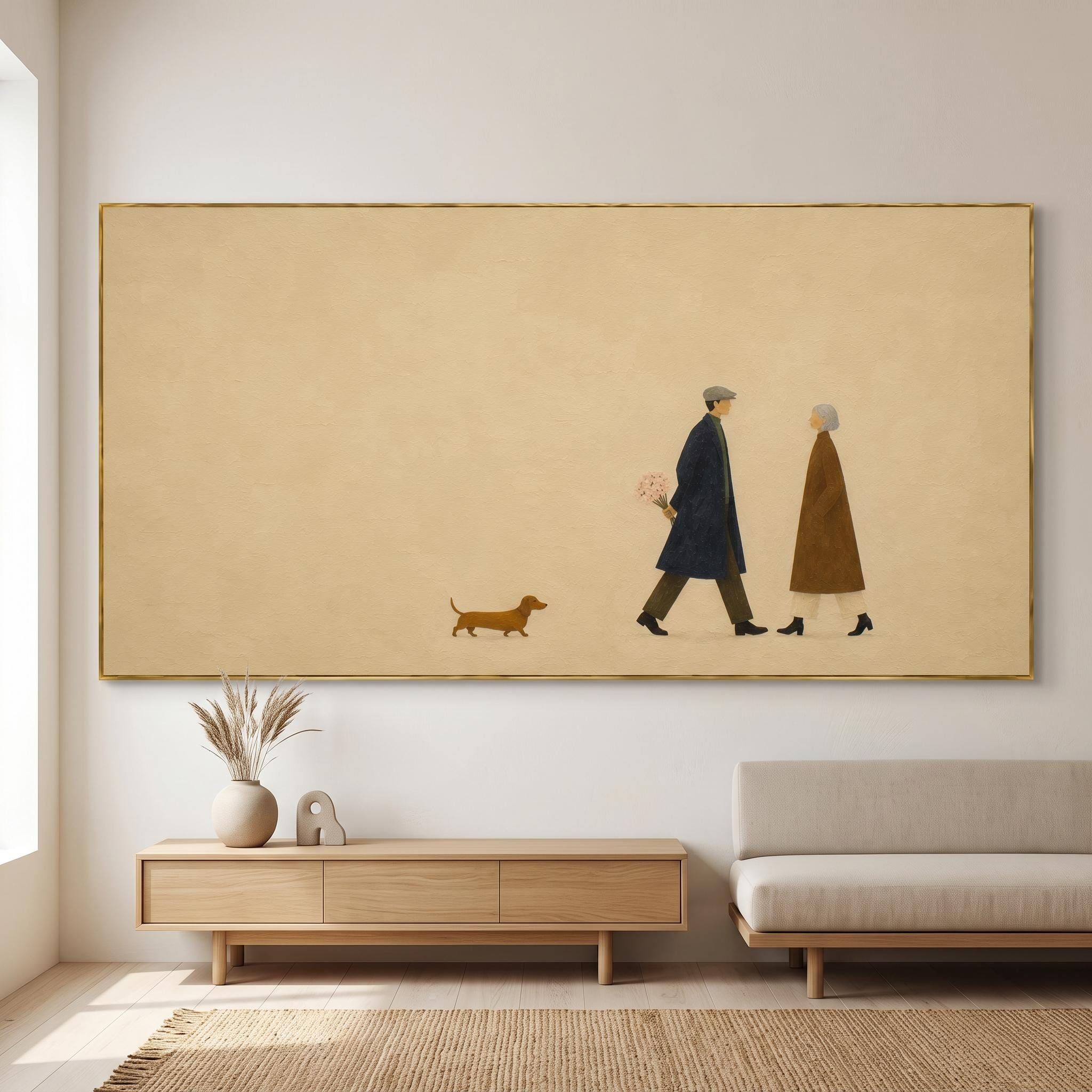 Elderly Couple Walking with Dog Oil Painting – Minimalist Romantic Framed Wall Art