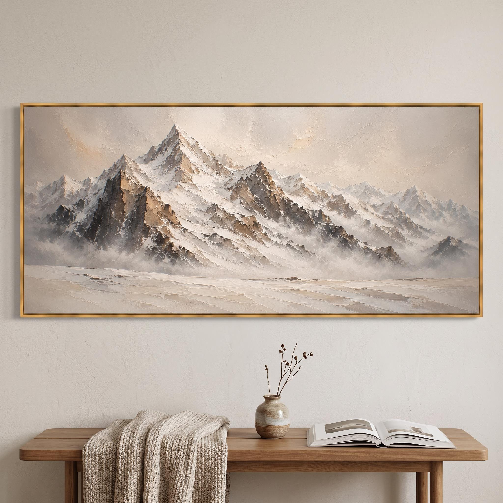 Textured Snowy Mountain Oil Painting – Neutral Alpine Landscape Framed Wall Art