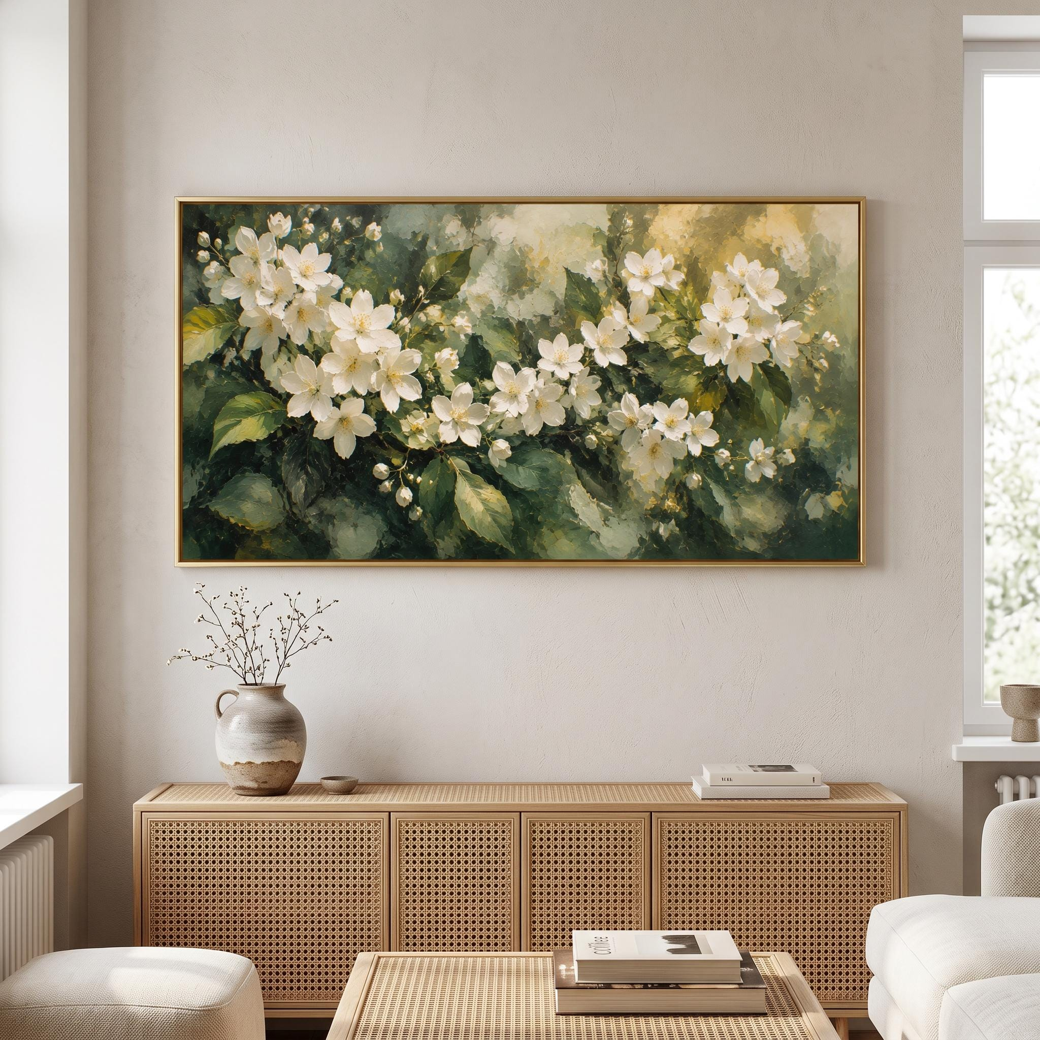 White Blossom Garden Oil Painting – Green Botanical Framed Wall Art