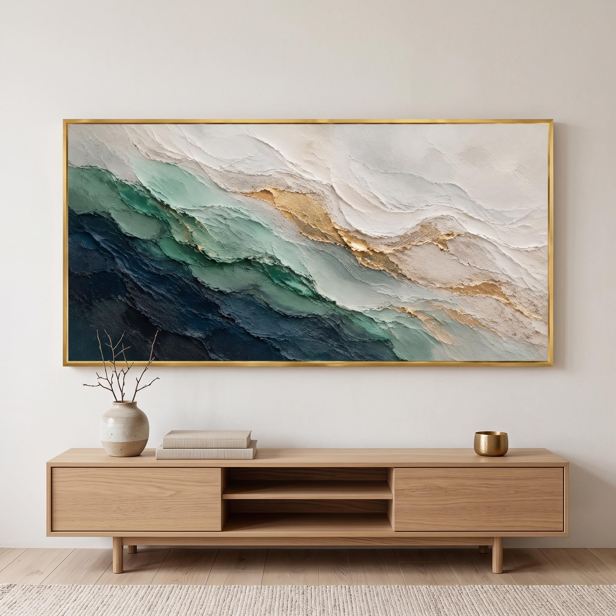 Textured Emerald Green Abstract Oil Painting – Neutral Gold Accent Framed Wall Art